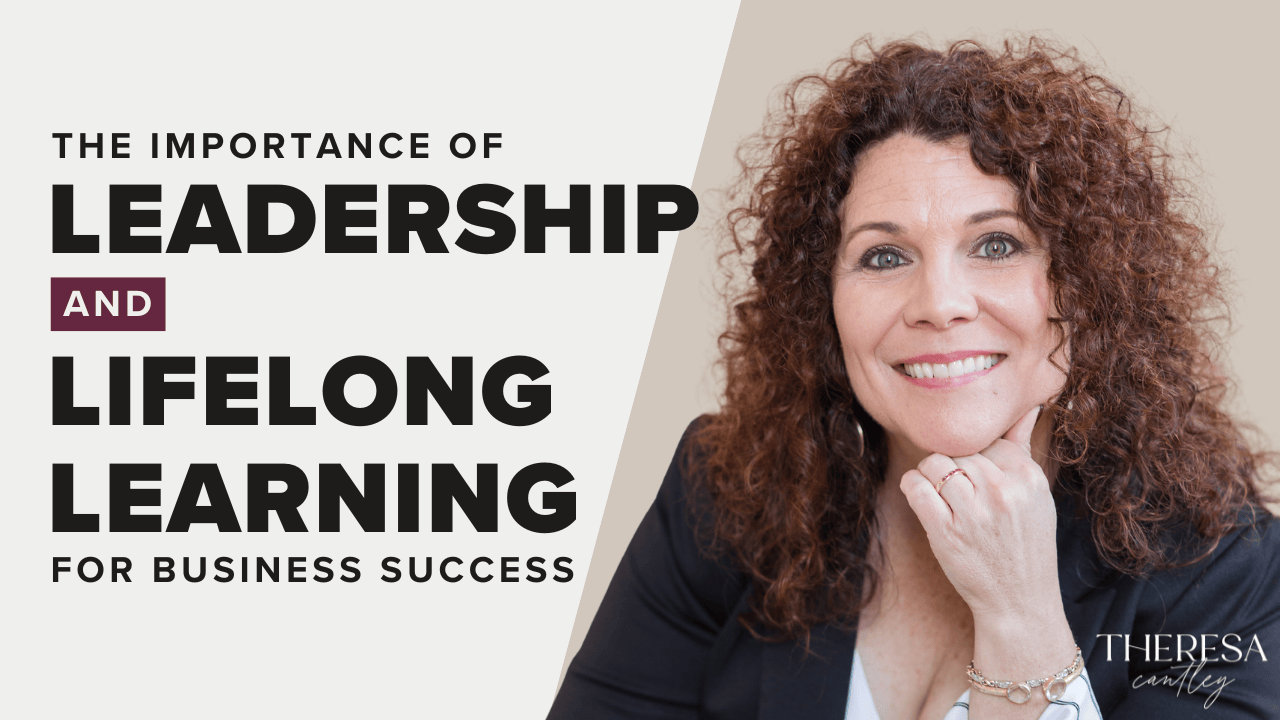 A smiling woman with curly hair is sitting beside text that reads "The Importance of Leadership and Lifelong Learning for Business Success.