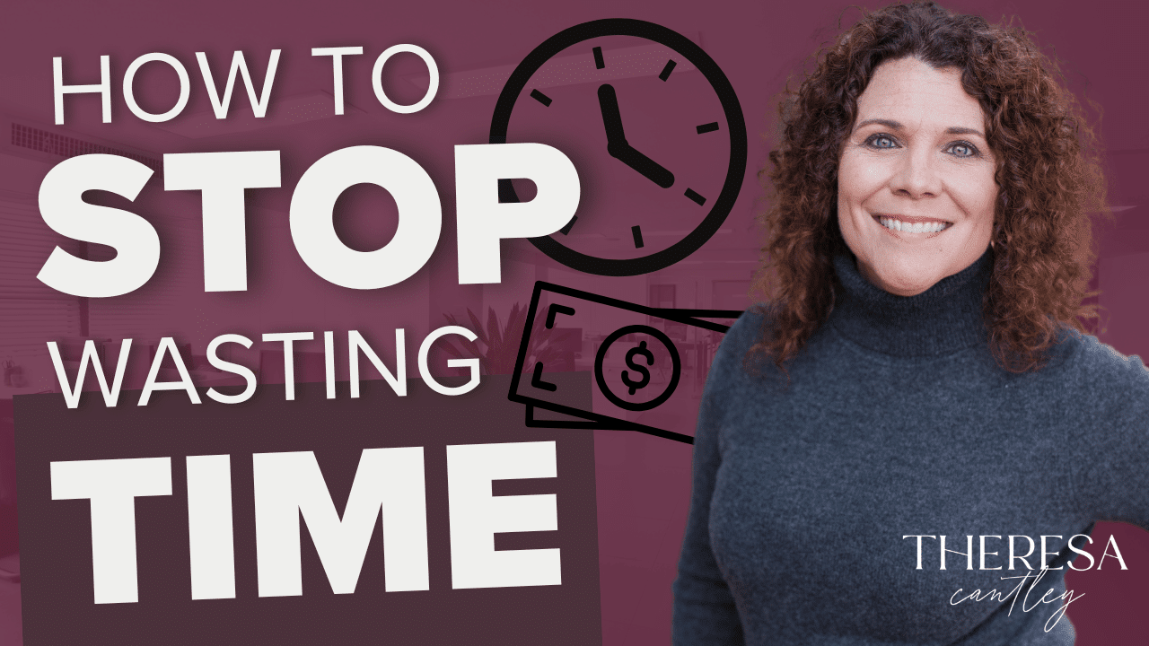 Image with the text "How to Stop Wasting Time," featuring a woman smiling, a clock icon, and a dollar bill symbol on a maroon background.