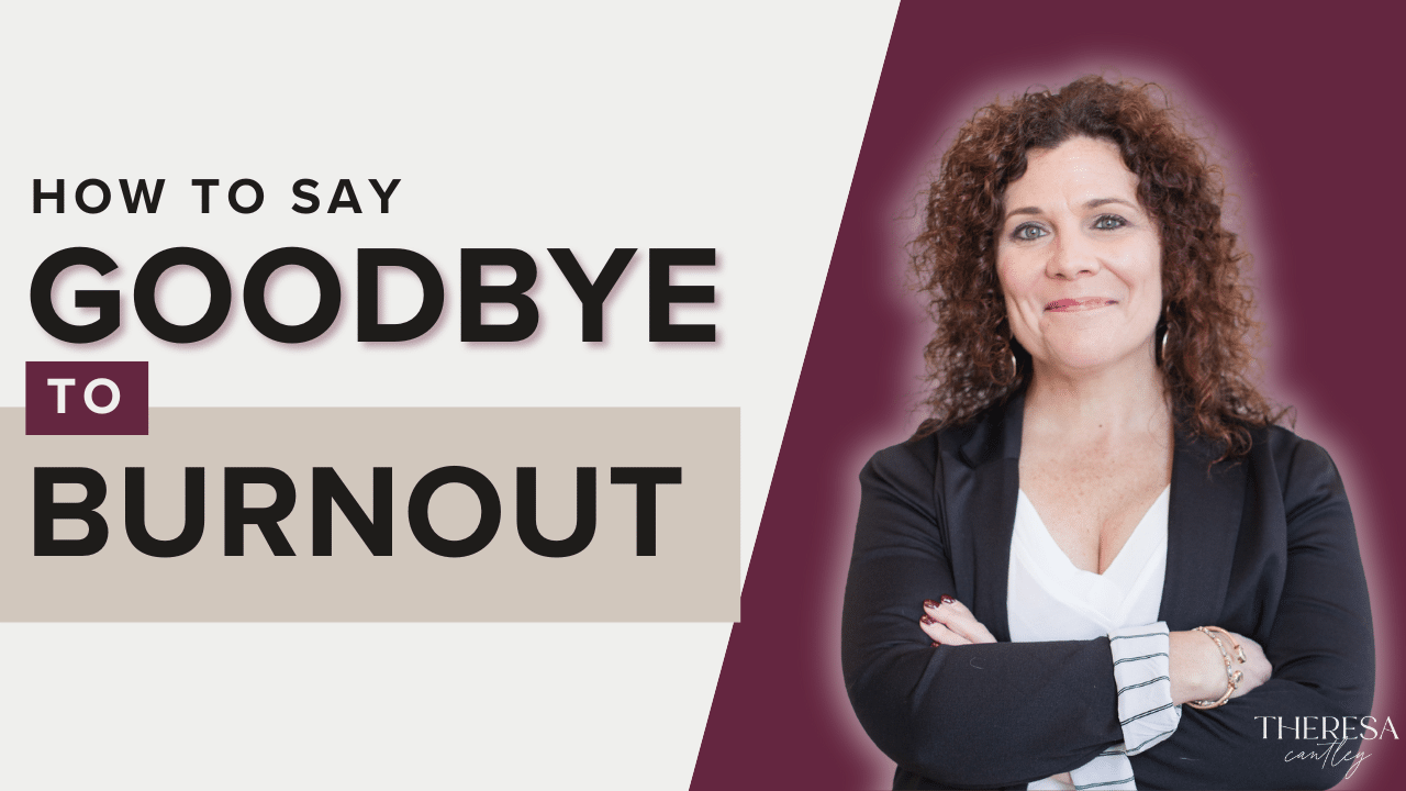 Text reads "How to Say Goodbye to Burnout." A person with curly hair stands confidently with arms crossed, wearing a blazer.