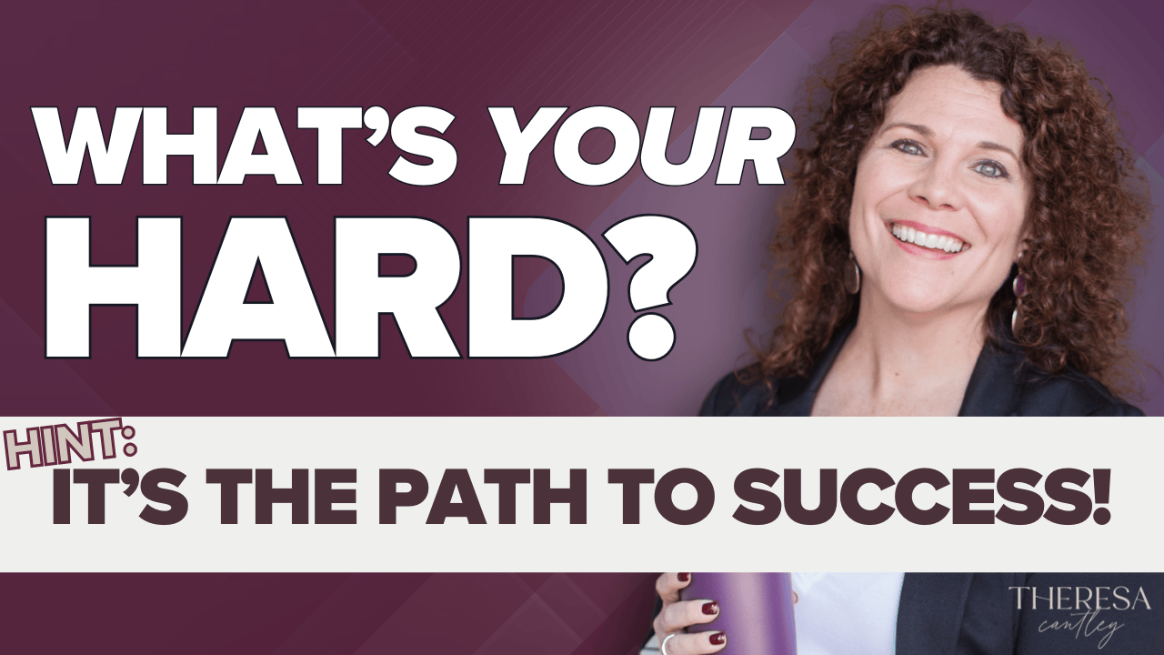 Woman smiling while holding a tumbler. Text reads: "WHAT'S YOUR HARD? Hint: IT'S THE PATH TO SUCCESS!. Tune into the leadership podcast for insightful business advice.