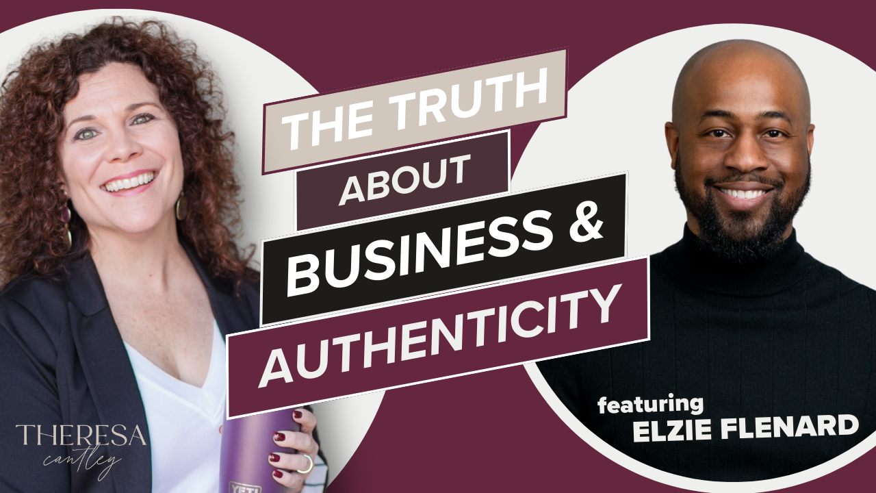 Podcast cover image with "The Truth About Business & Authenticity" text. Features smiling individuals: one woman left, one man right. Cover for podcast episode about pivoting and authenticity