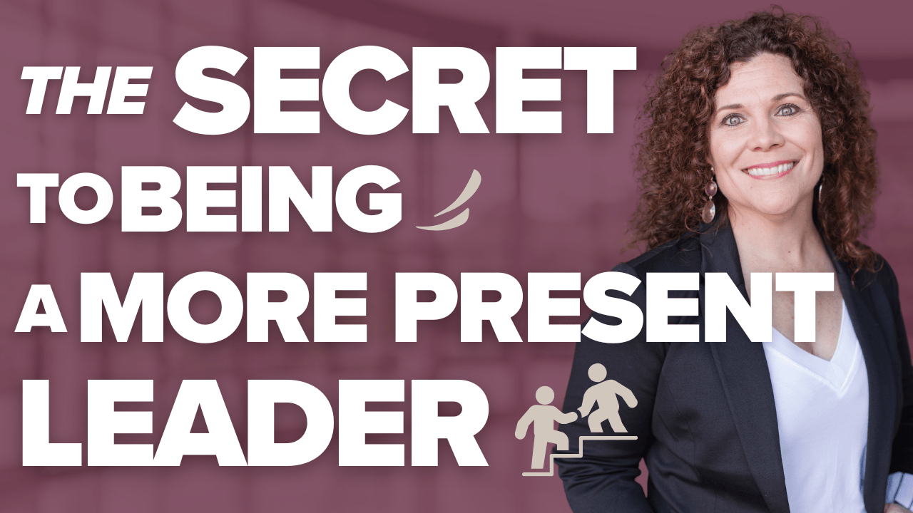 A smiling person in a blazer stands next to the text "The Secret to Leadership Presence," accompanied by graphic icons, suggesting insights or strategies.