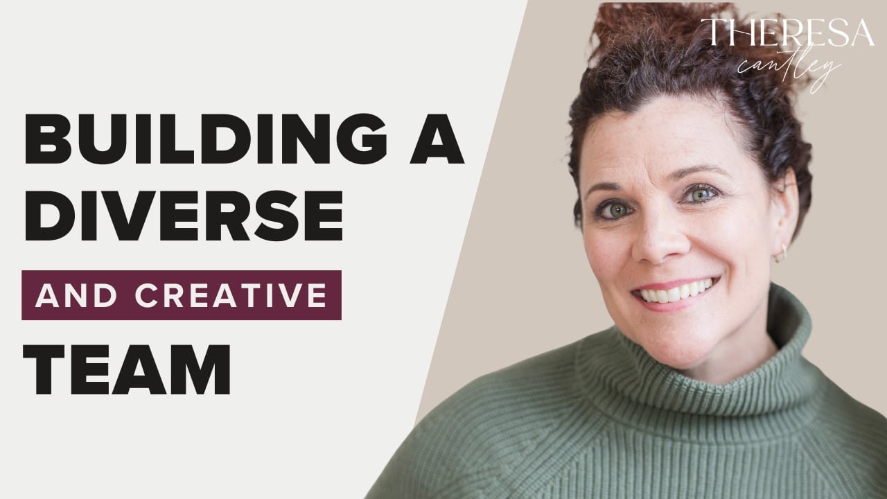 Confident CEO in green sweater, smiling beside “Building a Diverse and Creative Team” text; leadership and mentorship podcast setting.