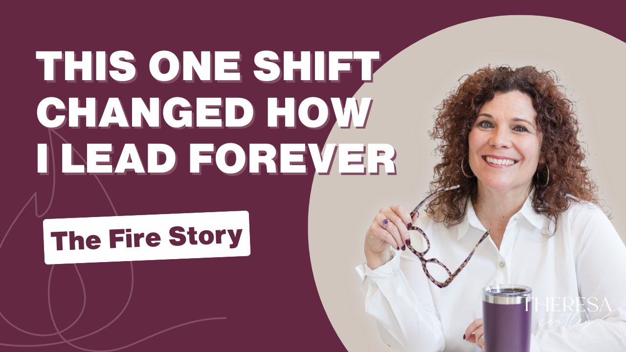 Text that reads this one shift changed how i lead forever - the fire story on mauve background and woman holding glasses and smiling