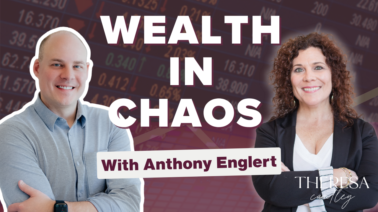 Photo of Theresa Cantley and Anthony Englert with the text Wealth in Chaos in white